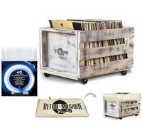 Retro Musique Cassetta di stoccaggio per dischi in vinile in legno da 12" su ruote Può contenere fino a 100 album con copertura in tessuto assiano include 40 maniche esterne LP(Lavaggio Bianco)