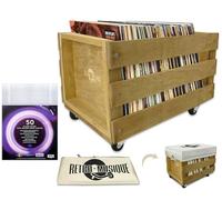 Retro Musique Cassetta di stoccaggio per dischi in vinile in legno da 12" su ruote Può contenere fino a 100 album con copertura in tessuto assiano include 50 maniche esterne LP (Finitura Teak)