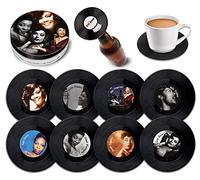 Retro Musique, Set di 8 sottobicchieri in vinile, con scatola in latta e apribottiglie magnetico, 8 pezzi, motivo dive del jazz