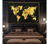 Retro nero dorato mappa del mondo pittura a olio mappa del mondo poster stampa su tela immagine di arte della parete ufficio soggiorno decor 90x130 cm senza cornice