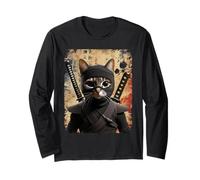 Retro Ninja Cat Graphic Warrior Vintage Arte Giapponese Anime Maglia a Manica