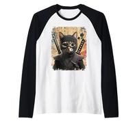 Retro Ninja Cat Graphic Warrior Vintage Arte Giapponese Anime Maglia con Maniche Raglan