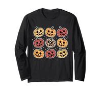 Retro Pumpkin Cute Faces Halloween Fall Maglia a Manica