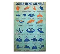 Retro Scuba Hand Signals Canvas Wall Art Educational Diving Guide for Boys Room or Ocean Themed Decor(Framed,12x18inch(30x45cm))