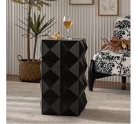 Retro Side Table 60 cm Height Three-dimensional Embossed Pattern Wooden Nightstand Black No Assembly Required