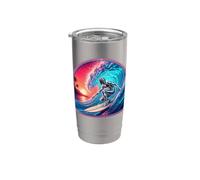 Retro Surfer Riding Vibrant Ocean Wave Bicchiere termico in acciaio inox doppia parete