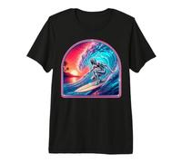 Retro Surfer Riding Vibrant Ocean Wave Maglietta Premium