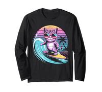 Retro Surfing Cat, Anni '80, Synthwave Summer Beach Vibes Maglia a Manica