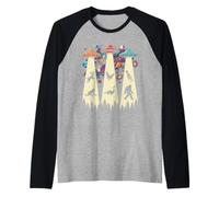 Retro UFO Beams Bigfoot e Creature Misteriose Maglia con Maniche Raglan