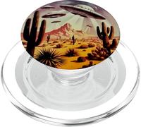 Retro UFO Deserto Paesaggio Dischi Volanti Alieno Sci Fi Cactu PopSockets PopGrip per MagSafe