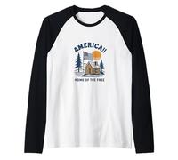 Retro USA Graphic - Log Cabin, Bandiera Americana e Tramonto Maglia con Maniche Raglan