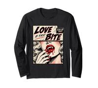 Retro Vampire Halloween Love at First Bite Kiss or Treat Maglia a Manica