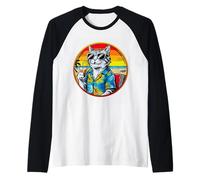 Retro Vintage Cool Cat Rilassante Con Un Drink Sulla Spiaggia Maglia con Maniche Raglan
