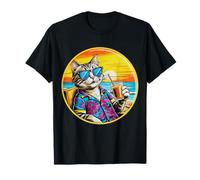 Retro Vintage Cool Cat Rilassante Con Un Drink Sulla Spiaggia Maglietta