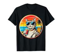 Retro Vintage Cool Cat Rilassante Con Un Drink Sulla Spiaggia Maglietta