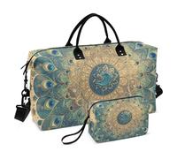 Retro Vintage Stile Vittoriano Piuma Di Pavone Blu Verde Decorativo Oggetto Personale Borsa Da Viaggio Sport Duffel Borse con Toiletry Bag per Aereo Viaggiare 2 Pz Set Bolsa de Mano para ropa de