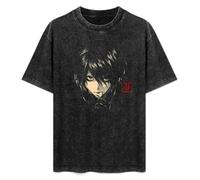 Retro Washed Shirt Men's Unisex Detective L Lawliet Death Note Kira Light Shinigami Manga Anime Round Neck Antique Wash T-Shirt Black S