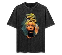 Retro Washed Shirt Men's Unisex Erykah Badu Round Neck Antique Wash T-Shirt Short Sleeve Black L