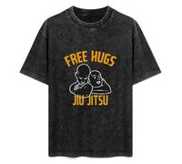 Retro Washed Shirt Men's Unisex Free Hugs Jiu Jitsu Funny Fighter Martial Arts Round Neck Antique Wash T-Shirt Short Sleeve Black 3XL