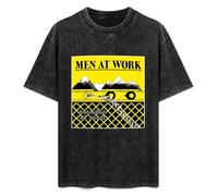 Retro Washed Shirt Men's Unisex Men At Work Stickers Round Neck Antique Wash T-Shirt Short Sleeve Black XXL