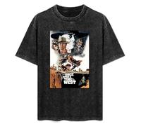 Retro Washed Shirt Men's Unisex Once Upon a Time in The West Round Neck Antique Wash T-Shirt Short Sleeve Black 3XL