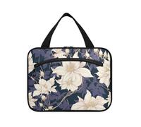 Retro White Clematis Flowers Hanging Travel Bag Kit Toiletry con gancio, Accessori di design Appeso Borse da toilette per Adulti Bagno estuche para guardar maquillaje L