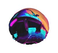 Retrowave - Cuffia da doccia con stampa di immagini, a doppio strato, per la cura del viso, riutilizzabile
