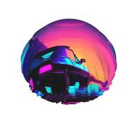 Retrowave - Cuffia da doccia impermeabile a doppio strato, con stampa, unisex, riutilizzabile, con fascia elastica