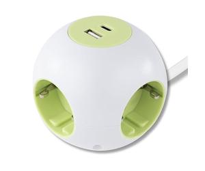 REV PowerGlobe - Presa a cubo, 4 prese, con 2 porte USB (tipo A & C), cavo da 1,4 m, 3500 W, verde