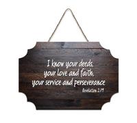 Revelation 2:19 - Cartello in legno rustico con scritta "I Know Your Deeds, Your Love And Faith, Your Service And Perseverance" (lingua italiana non garantita), per portico, porta, parete, scuola