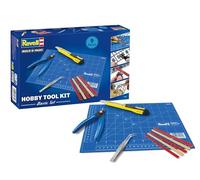 Revell Hobby Tool Kit Basic - con modello essenziale e strumenti per hobby, taglierino laterale, coltello di precisione, pinzette, lime di carta vetrata e taglio opaco, 32 x 30 cm