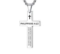 REVEMCN Collana con ciondolo a forma di croce con dedica biblica ispiratrice per uomini e ragazzi, in acciaio inox, tinta unita, nero e argento, collana da uomo, catena barbazzale da 50-61 cm, regalo