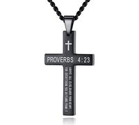 REVEMCN Collana con ciondolo a forma di croce con dedica biblica ispiratrice per uomini e ragazzi, in acciaio inox, tinta unita, nero e argento, collana da uomo, catena barbazzale da 50-61 cm, regalo