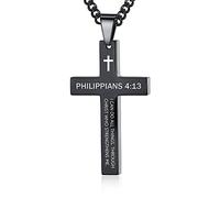 REVEMCN Collana con ciondolo a forma di croce con dedica biblica ispiratrice per uomini e ragazzi, in acciaio inox, tinta unita, nero e argento, collana da uomo, catena barbazzale da 50-61 cm, regalo