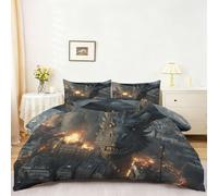 Reversibile Copripiumino Fantasy Città Drago Nero Fiamma, 135 x 200 cm Confortevole Microfibra Traspirante Set Copripiumino - Grigio Scuro Pittura A Olio tema Copripiumini Con Cerniera