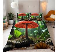 Reversibile Copripiumino matrimoniale 220x260cm Fungo Rosso Piante Forestali 3D Set di Biancheria da Letto Con Microfibra Comfort Morbida 3-Pezzi con 2 Federe 50x75 cm Cerniera e Fascette Angolari