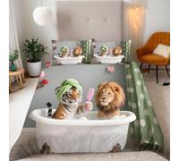 Reversibile Copripiumino matrimoniale 220x260cm Tigri E Leoni Animale 3D Set di Biancheria da Letto Con Microfibra Comfort Morbida 3-Pezzi con 2 Federe 50x75 cm Cerniera e Fascette Angolari