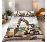 Reversibile Copripiumino Singolo 135x200cm Escavatore Dei Cartoni Animati 3D Set di Biancheria da Letto Con Microfibra Comfort Morbida 3-Pezzi con 2 Federe 50x75 cm Cerniera e Fascette Angolari