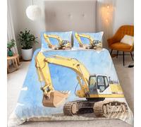 Reversibile Copripiumino Singolo 135x200cm Escavatore Dei Cartoni Animati 3D Set di Biancheria da Letto Con Microfibra Comfort Morbida 3-Pezzi con 2 Federe 50x75 cm Cerniera e Fascette Angolari