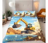 Reversibile Copripiumino Singolo 155x220cm Escavatore Dei Cartoni Animati 3D Set di Biancheria da Letto Con Microfibra Comfort Morbida 3-Pezzi con 2 Federe 50x75 cm Cerniera e Fascette Angolari