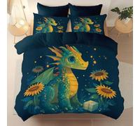 Reversibile Set Copripiumino 260 x 220 cm, Copripiumino Microfibra Stampa Fiori Carini Drago Lucciole, Traspirante Double Face Biancheria Da Letto Camera Da Letto, facile da pulire - Blu-Grigio Scuro