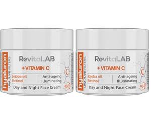 RevitaLAB Hyaluron Anti-Aging Day and Night Cream, Enriched with Vitamins A, B3, B5, E, C, Jojoba Oil, and UV Filters for Ages 40 - 55, 50 ml (Confezione da 2)
