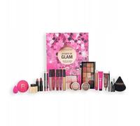 Makeup Revolution London 24 Days Of Glam Advent Calendar cofanetto regalo: matita per labbra 2 pz + matita per sopracciglia 1 pz + gel per sopracciglia 1 pz + base trucco 1 pz + rossetto 4 pz + lucidalabbra 1 pz + olio per labbra 1 pz + ombretto 3 pz + cipria 2 pz + fard 2 pz + evidenziatore 1 pz + spugnetta trucco 2 pz + pennello 2 pz + specchio 1 pz