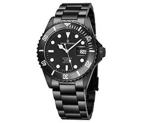 Revue Thommen Orologio subacqueo automatico da uomo, 42 mm, quadrante nero analogico con lancette luminose, data ingrandita e vetro zaffiro, in acciaio inox rivestito in PVD nero, impermeabile,