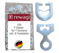 rewagi 100 guide a T, ganci per tende e 8 fermi per binari a T, ganci a clip, ganci pieghevoli - bianco