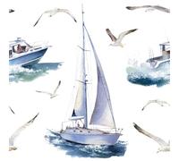 ReWallpaper Carta Da Parati Bianca e Blu Nautica Pellicole Adesive Mobili Fantasia Barca a Vela Carta Autoadesiva per Pareti Cassetti Impermeabile Carta Adesiva per Cucina Bianco 44.5CM×3M