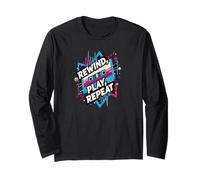 Rewind Play Repeat 80s 90s Cassette Tape Retro Music Lover Maglia a Manica