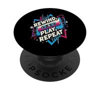 Rewind Play Repeat 80s 90s Cassette Tape Retro Music Lover PopSockets PopGrip Adesivo