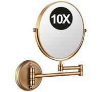 REWIS Specchio da Trucco ingranditore Girevole a 2 Lati da 8" Montato a Parete, Specchio cosmetico da Barba Pieghevole HD per Il Bagno,Ottone,10X