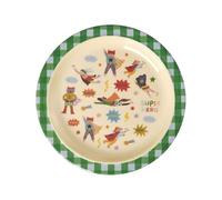 ReWu RICE Piatto piatto per bambini in melamina, Ø 22 cm, design "Super Hero" con bordo a quadri verde, senza BPA e per alimenti, lavabile in lavastoviglie (max. 70 °C)